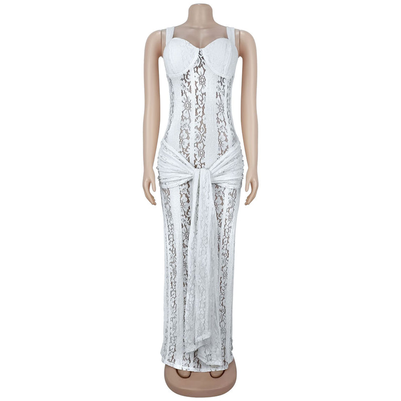 See Through Lace Sling Maxi Dress BY 7705