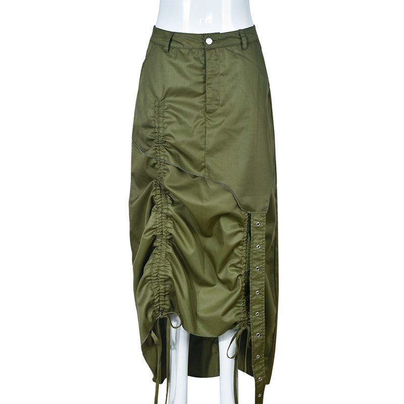 Slit Drawstring Pleated Half body Skirt GNZD 9131DD