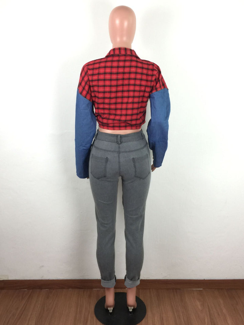 Plaid Print Patchwork Casual Loose Blouse Shirt LA 3156