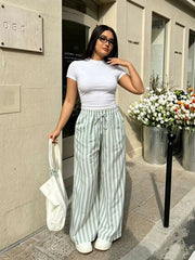 Plus Size Solid Color T Shirt Stripe Pants 2 Piece Set GADE 11411