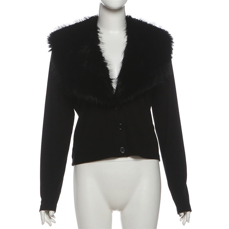 Furzzy Neck Patchwork Solid Color Coat XEF K25C85246