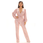 Sequin Deep V Neck Tie Up Jumpsuit GYOM 8794