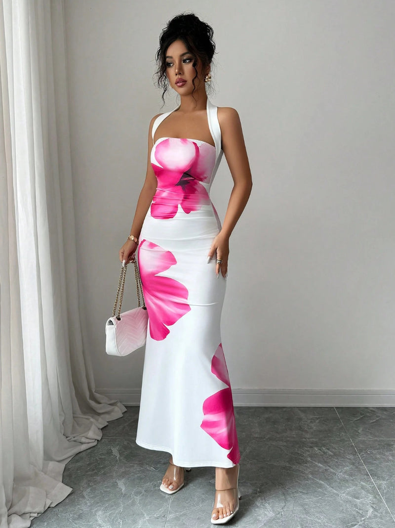 Contrast Color Off Shoulder Print Maxi Dress GSRX 896