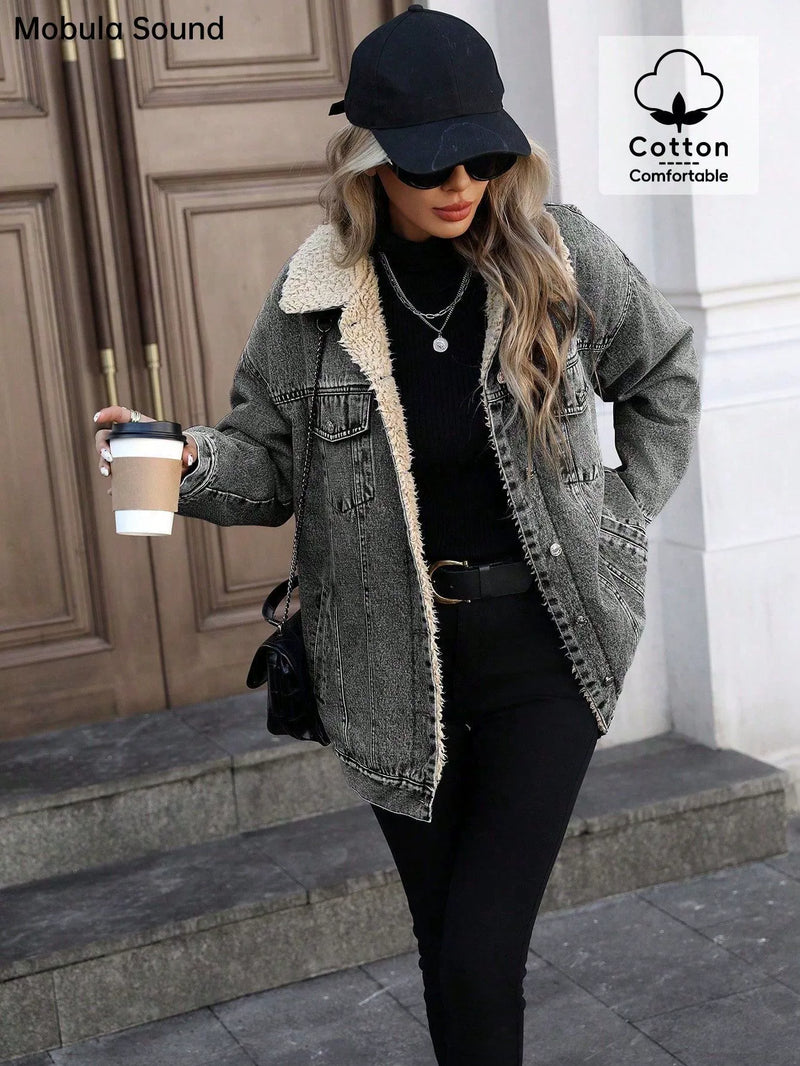 Loose Long Sleeve Fleece Denim Jacket GYXN 20780