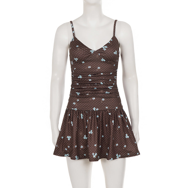 Floral Polka Dot V Neck Mini Dress GPKJ MR49792