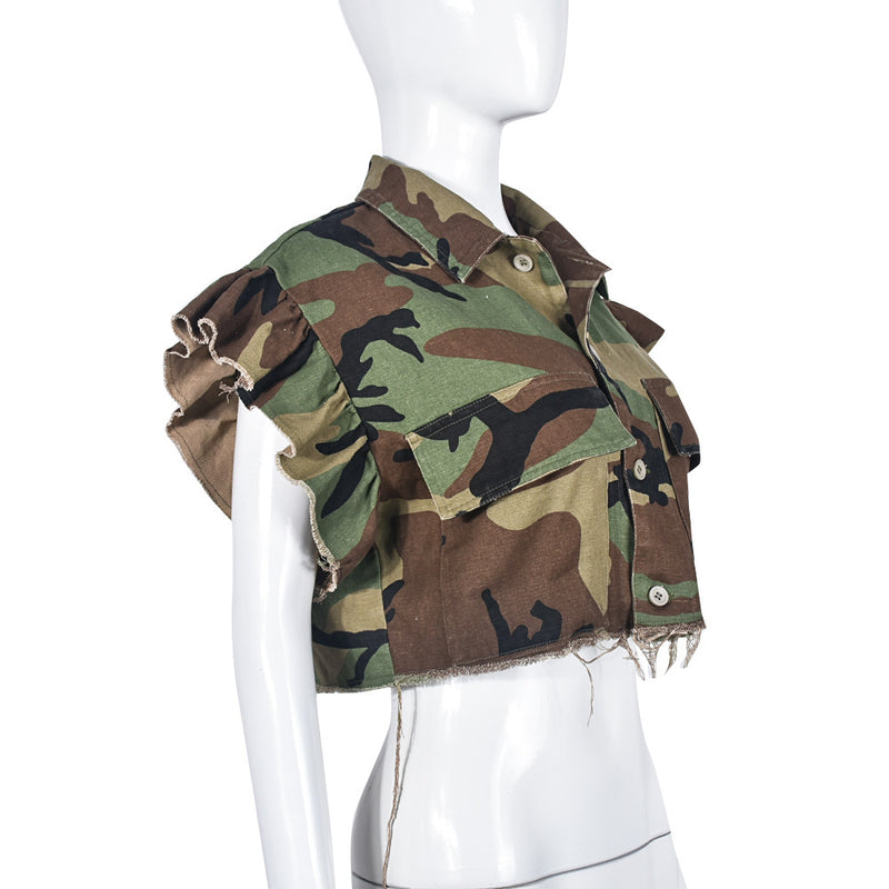 Camouflage Printed Ruffle Sleeve Jacket GNZD 9151TD