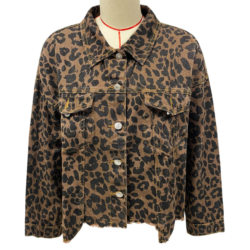 Leopard Print Long Sleeve Denim Coats GSMF ZZP89263