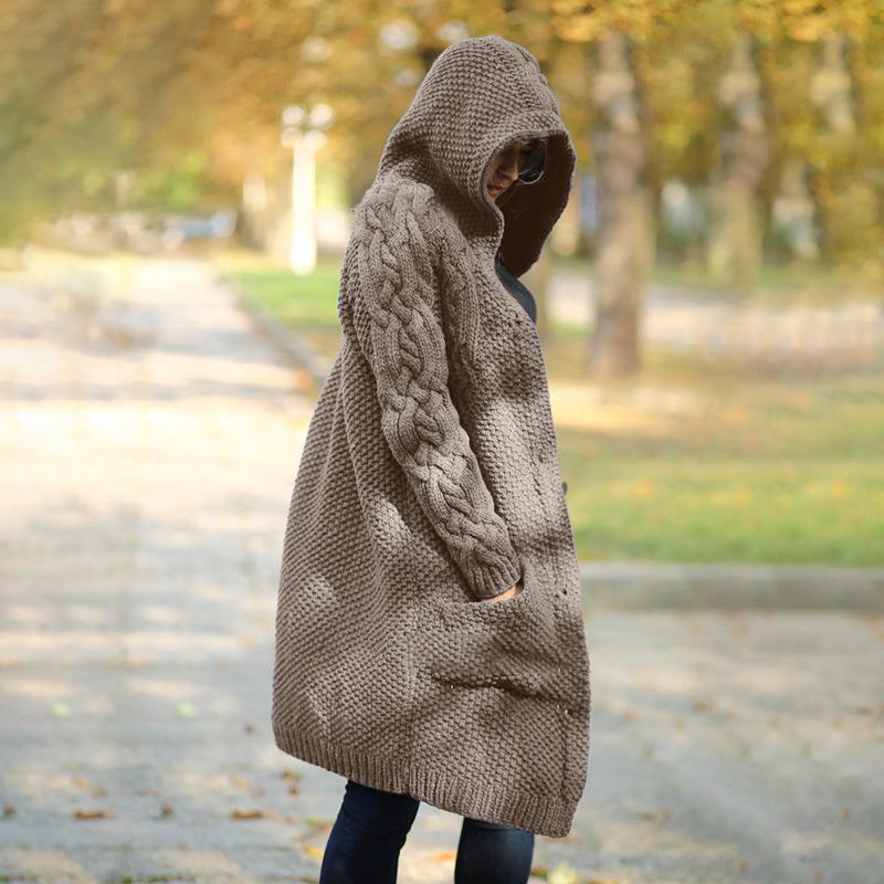 Plus Size Hooded Single Breasted Knit Long Sleeve Coat GBLH 3355