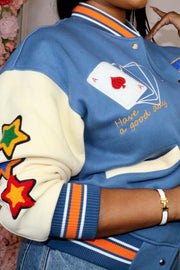 Printed Poker Patchwork Press Button Baseball Jacket YNSF 1879