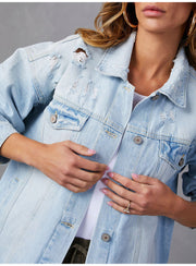 Light Blue Long Sleeve Denim Jackets GKNF TSQ 158
