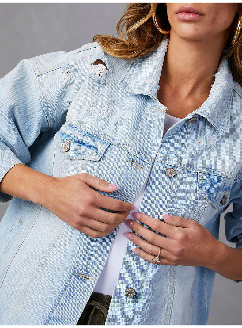 Light Blue Long Sleeve Denim Jackets GKNF TSQ 158