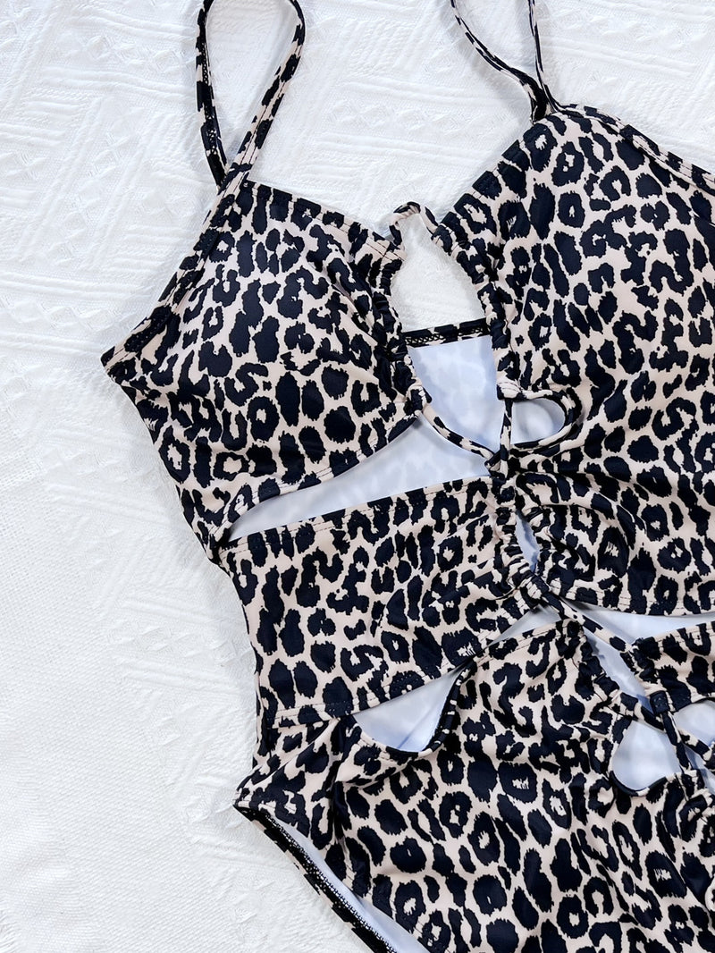 Leopard Print Cut out Drawstring One Piece Swimsuit CSYZ C88W