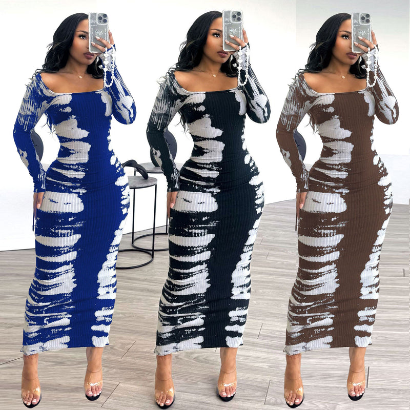 Print Long Sleeve Split Bodycon Dress NY 3136