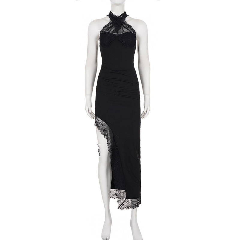 Lace Patchwork Halterneck Split Maxi Dress GPKJ MR47722