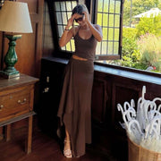 Solid Color Sling Top Irregular Long Skirt 2 Piece Set GLAG S5A20528F