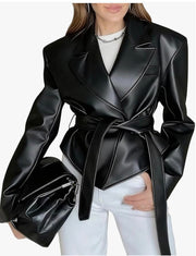 Long Sleeve Tie Up Leather Coat GPBY CT8221
