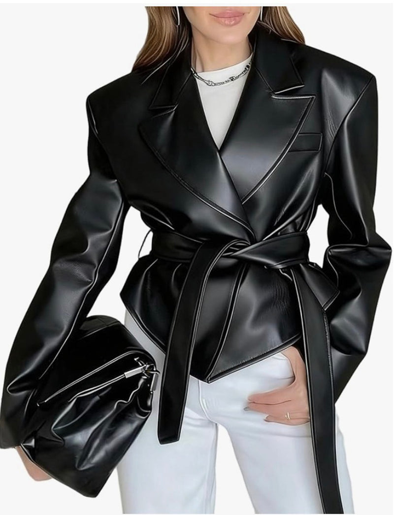 Long Sleeve Tie Up Leather Coat GPBY CT8221