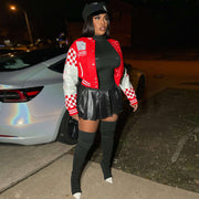Ribbed Color Block Print Baseball Jacket YNSF 2663