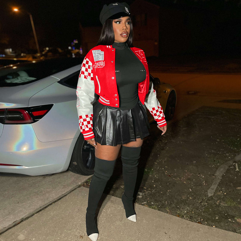 Ribbed Color Block Print Baseball Jacket YNSF 2663
