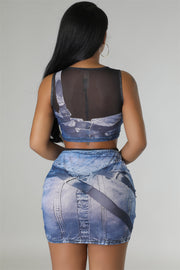 Sexy Mesh Print Sleeveless Skirts Two Piece Set FENF 272