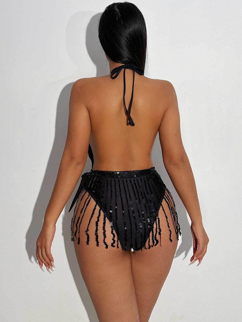 Deep V Neck Tassel Halter One Piece Swimsuit DYSC DY23A1025YYB103013