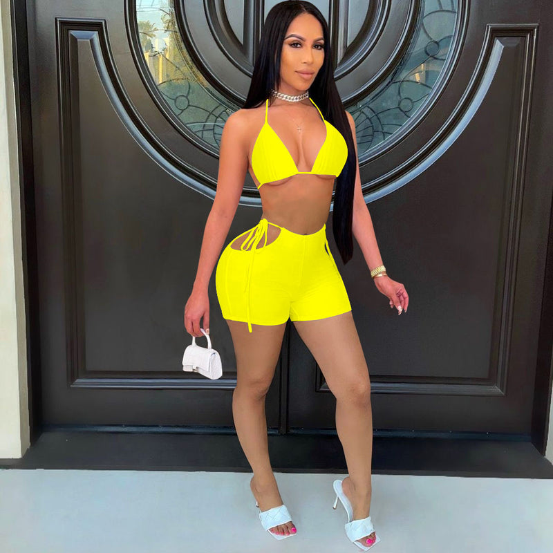 Sexy Solid Bra Top And Shorts Two Piece Sets FOSF 8082