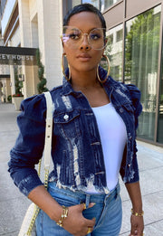 Ripped Bubble Sleeve Denim Jacket GQDH 911