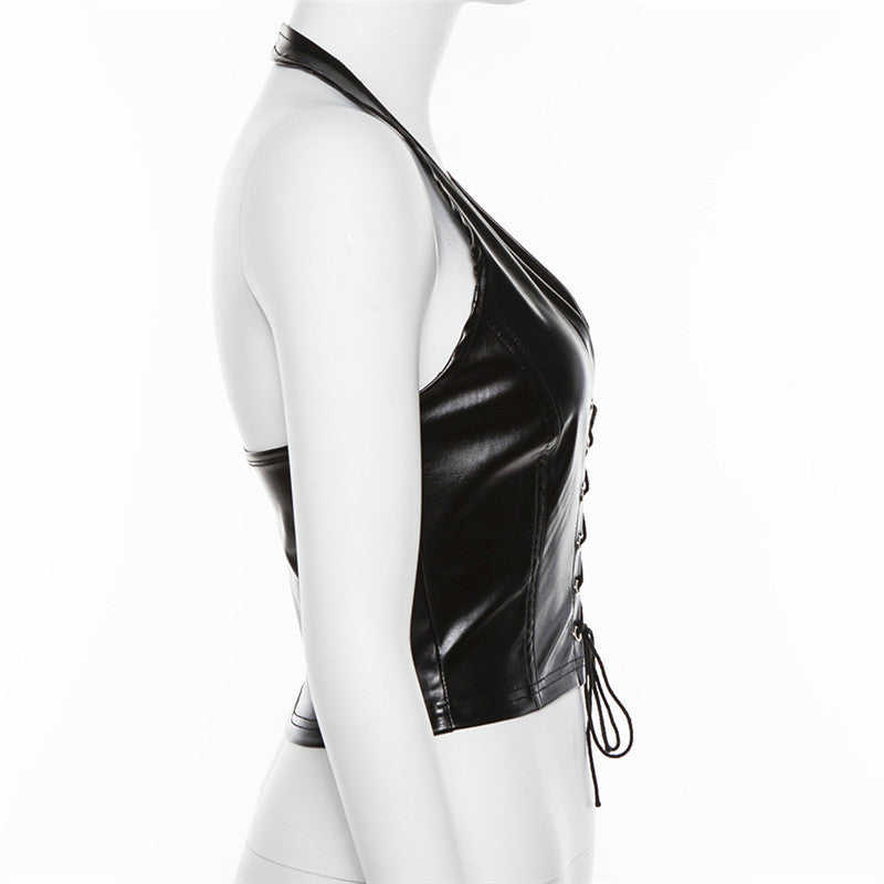 Sexy Halter Tie Up PU Leather Tank Top GYME T1734030