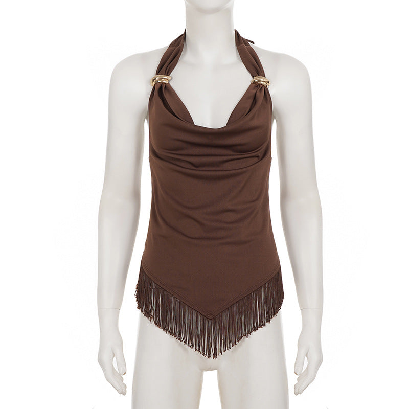 Halterneck Solid Color Tassel Vest GPKJ MR49999