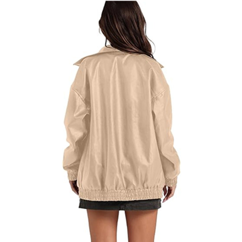 Long Sleeve Collared Zipper PU Leather Jacket GYOU CX830