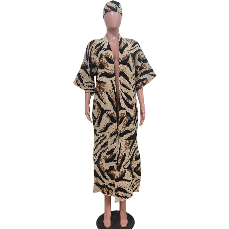 Casual Leopard Print Knits Short Sleeve Long Coat With Headscarf TR 1278