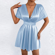 V Neck Solid Color Mini Dress YMYF 9573