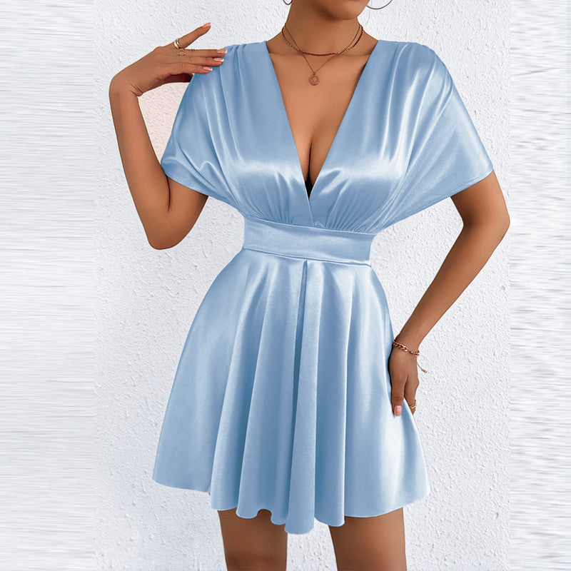 V Neck Solid Color Mini Dress YMYF 9573