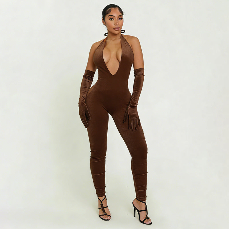 Halterneck Tie Up Backless Slim Jumpsuit MXBF J25JP466