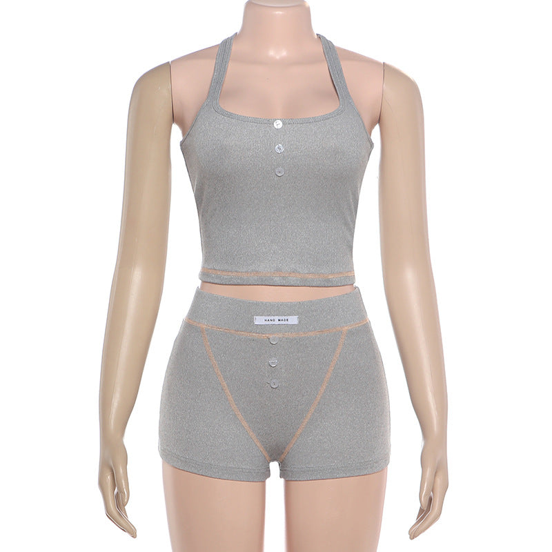 Solid Color Sport Sleeveless Two Piece Shorts Set GZJQ K6S00407A