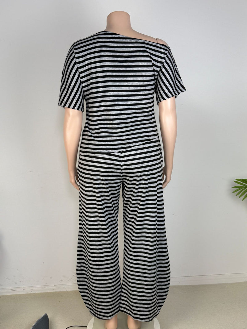 Plus Size Stripe Slash Shoulder Top Wide Leg Pants Suit GAWE 6738