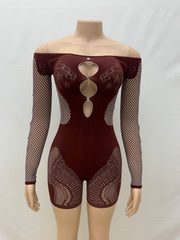 Pre Order About 7 work days shipping Sexy Solid One Shoulder Hollow Out Knits Romper YUEM 220292