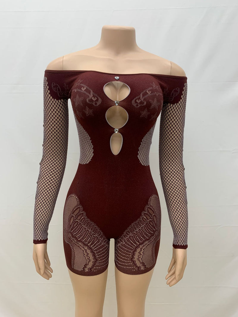 Pre Order About 7 work days shipping Sexy Solid One Shoulder Hollow Out Knits Romper YUEM 220292