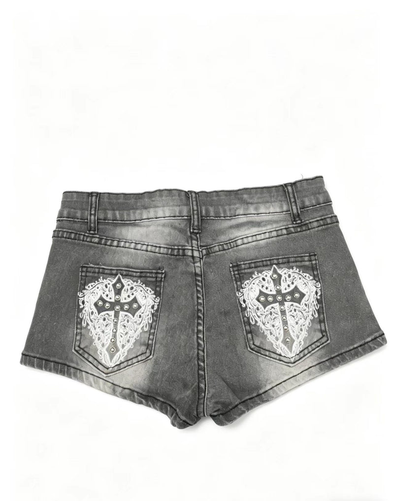 Embroidered Studded Denim Shorts GQLF 8000