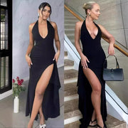 Deep V Neck Halter Backless Split Maxi Dress QOUY M6032