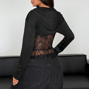 Lace Patchwork Zipper Hooded Coats GOMN 71348
