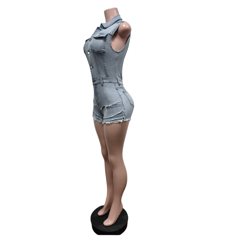 Sleeveless Lapel Neck Denim Romper MEM 88645