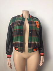 Plus Size Embroidered Ribbed PU Patchwork Baseball Jacket GAWE 5611