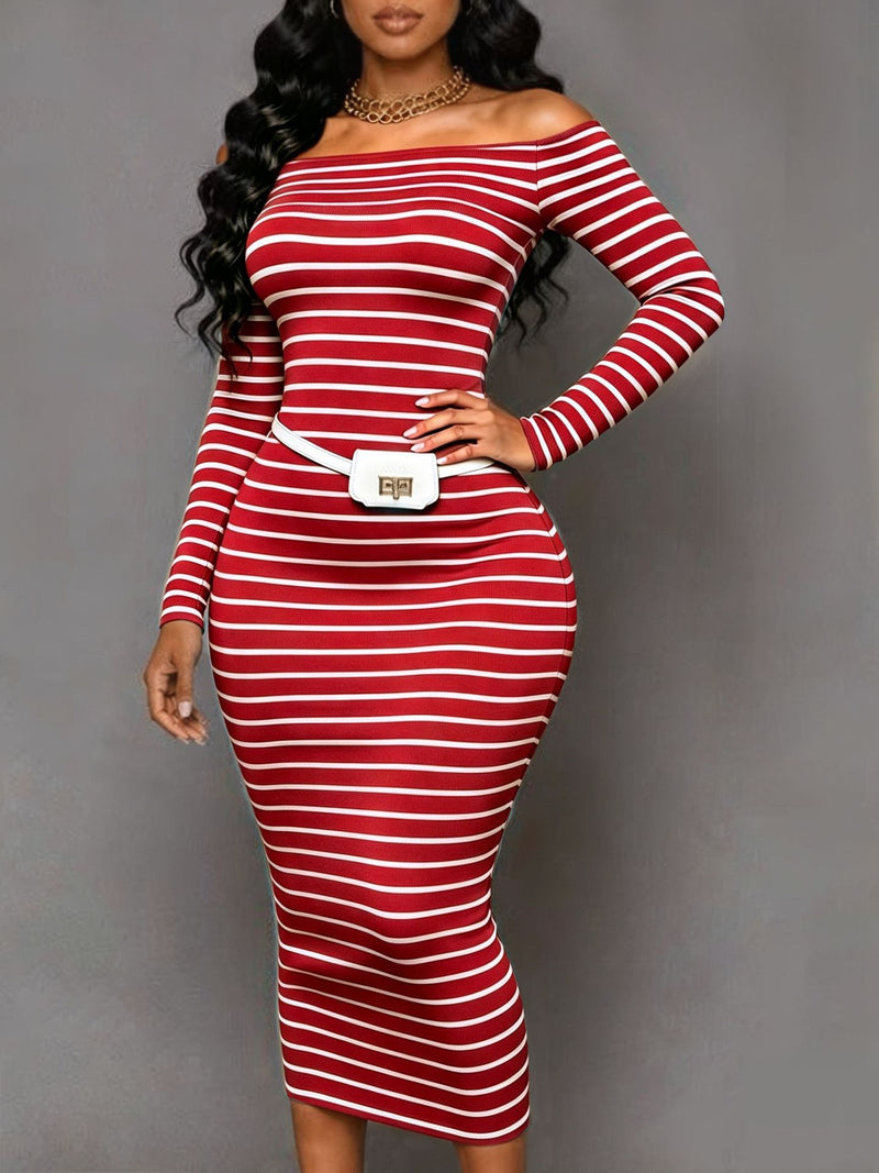 Stripe Knits Long Sleeve Long Dress ZDF 33553