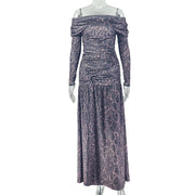 Off Shoulder Leopard Print Split Maxi Dress GJYO JD305625