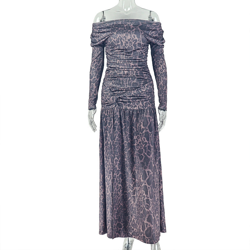 Off Shoulder Leopard Print Split Maxi Dress GJYO JD305625