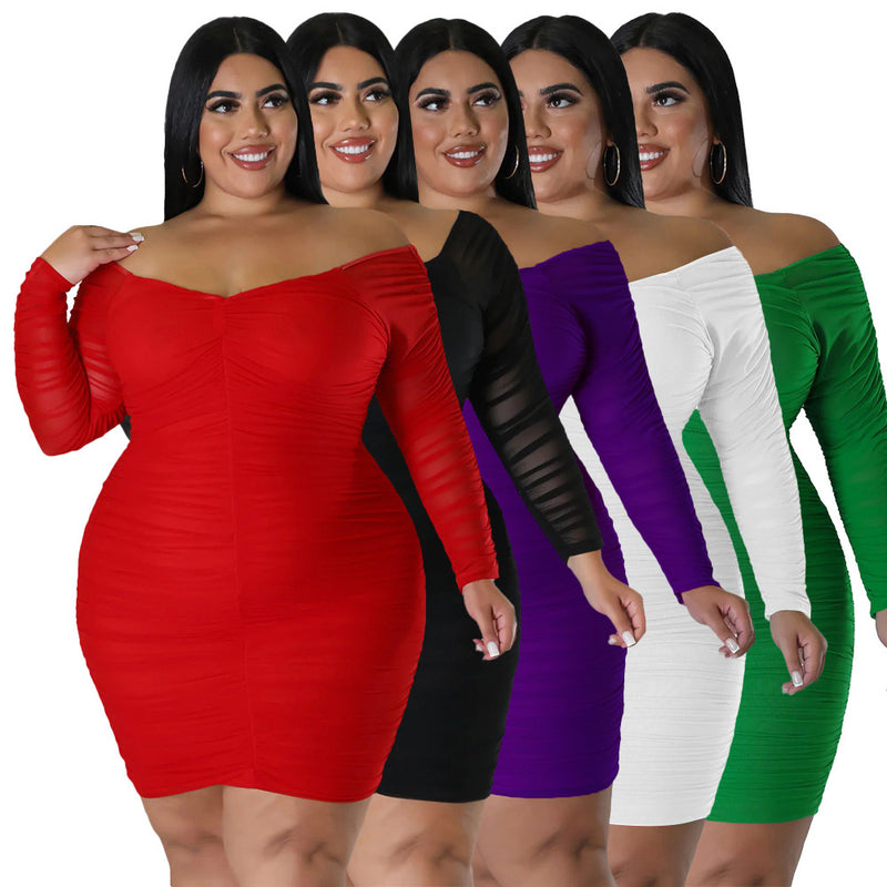 Plus Size Sexy Ruched Long Sleeve Bodycon Dress NNWF 7697