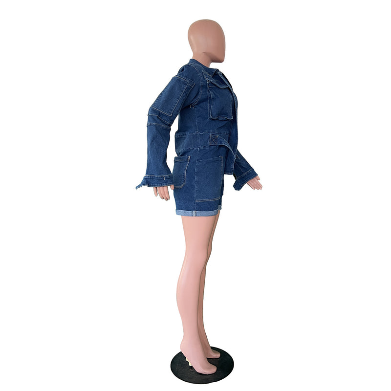 Casual Lapel Long Sleeve Denim Romper TR 1345
