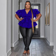 Plus Size Ruffle Sleeve Pleated Pullover Shirt NNWF 7780