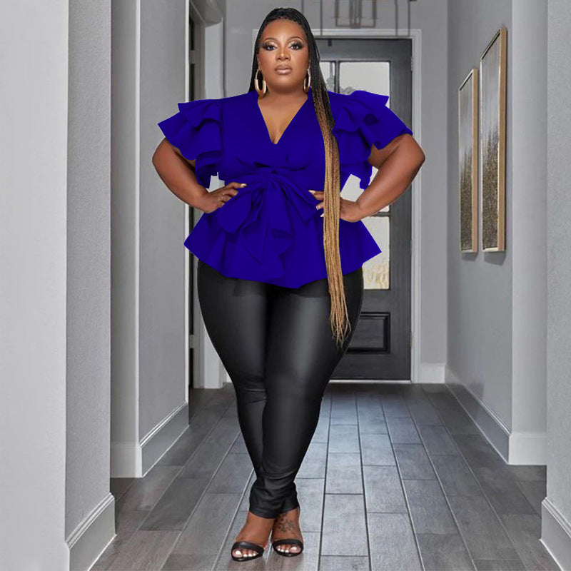Plus Size Ruffle Sleeve Pleated Pullover Shirt NNWF 7780